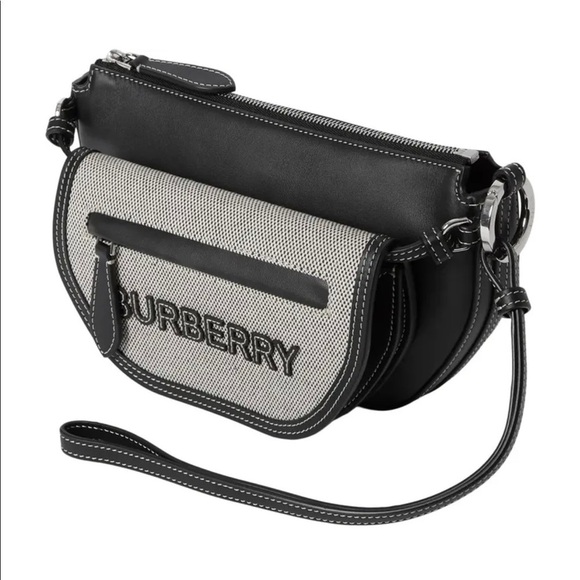 Burberry Mini Double Olympia Logo Appliqué Canvas & Black Leather Bag Dust Bag - Picture 2 of 16